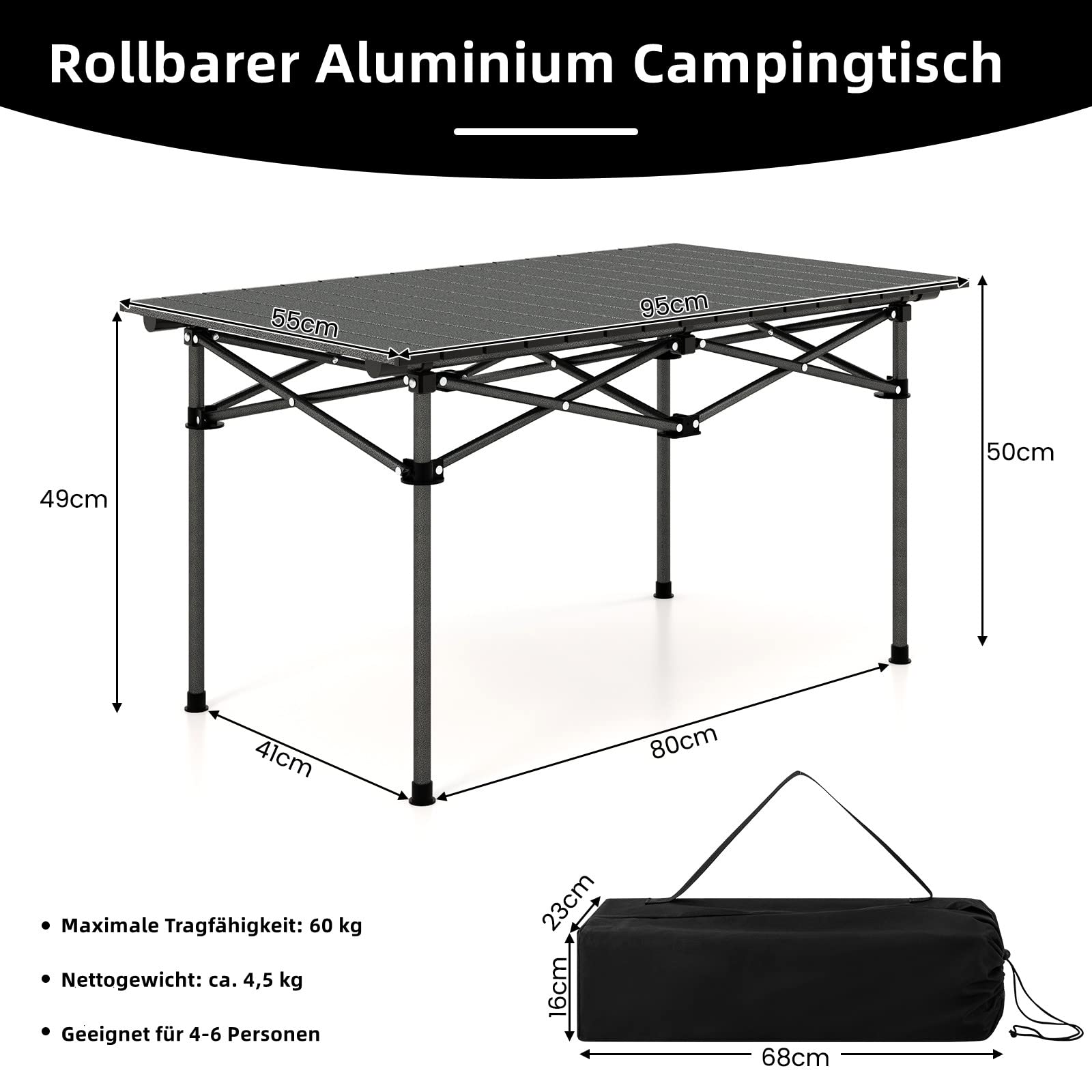 GYMAX Mesa Plegable de Camping 95 x 55 x 50 cm, Mesa de Jardín, Mesa de Balcón, Plegable, Incluye Bolsa de Transporte, Mesa Plegable de Aluminio, Fácil de Acampar para 4-6 Personas