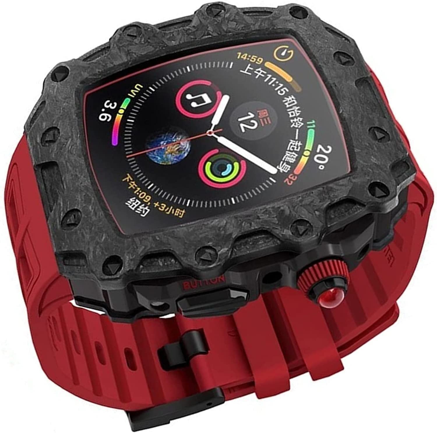 SCHIK Zestaw modyfikacyjny etui do zegarka z włókna węglowego, do Apple Watch 44/45 mm z silikonowym paskiem dla mężczyzn i kobiet, pasek ze stali nierdzewnej, akcesoria do IWatch serii 8 7 6 5 4 SE akcesoria