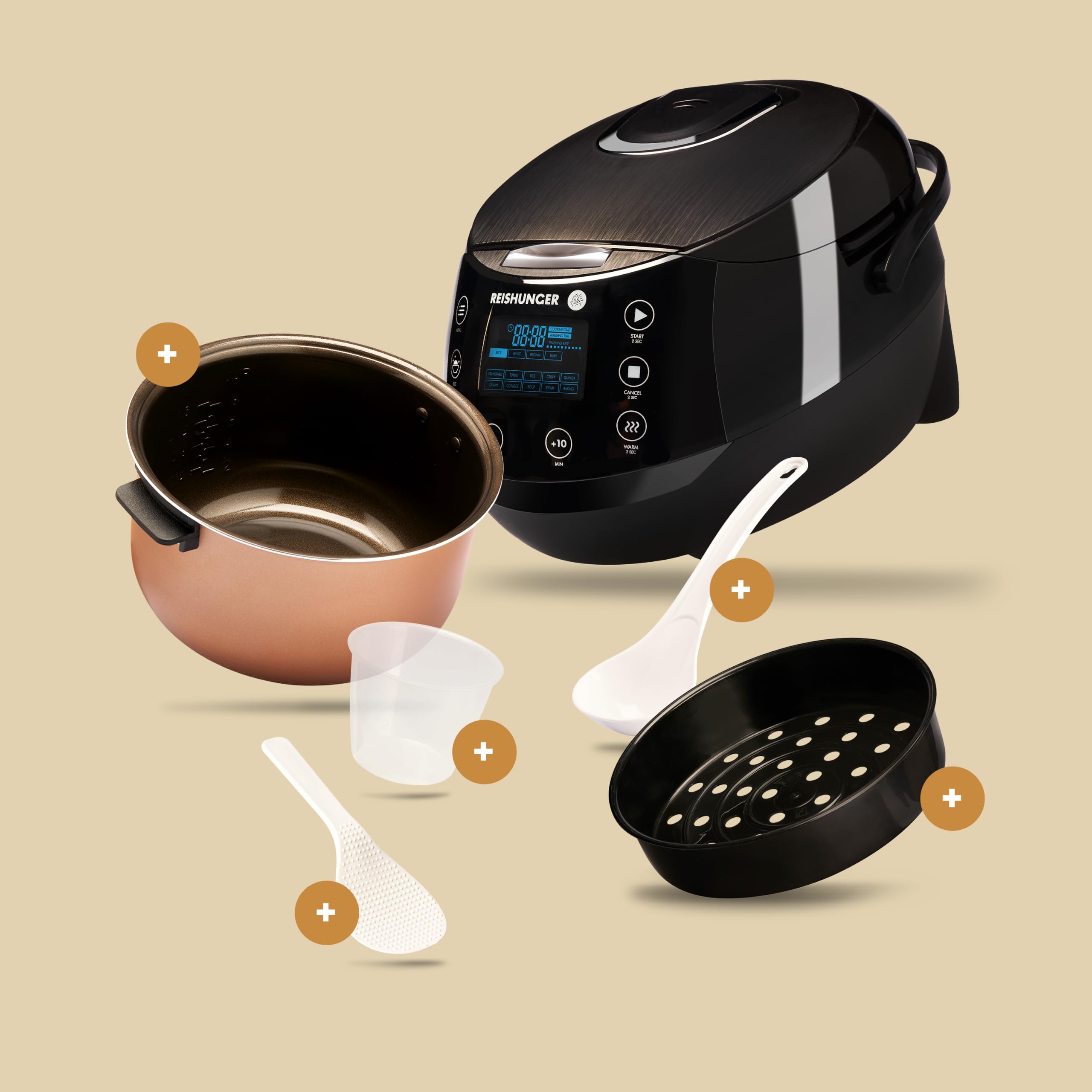 REISHUNGER Digitaler Reiskocher & Dampfgarer – 1,5L – Schwarz | bis zu 8 Personen – Warmhaltefunktion, Timer & Premium Innentopf – Multikocher, 12 Programme, 7-Phasen-Technologie