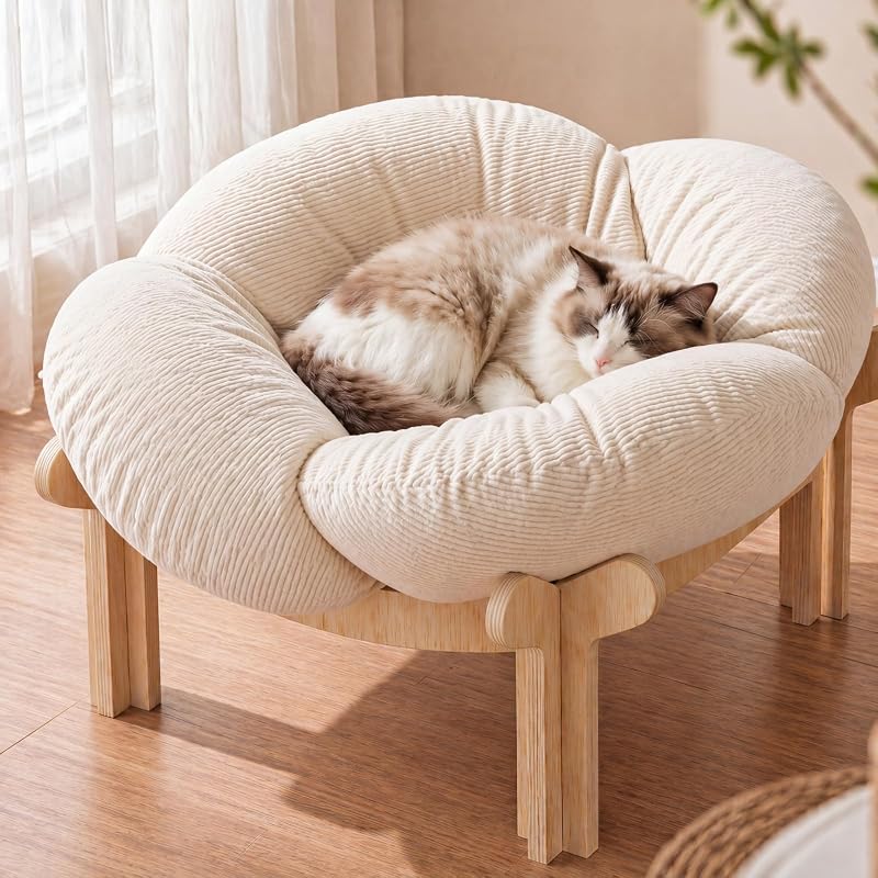 Cama elevada para gatos BrightRow de madeira com almofada floral de veludo cotelê, 55 x 55 x 32 cm