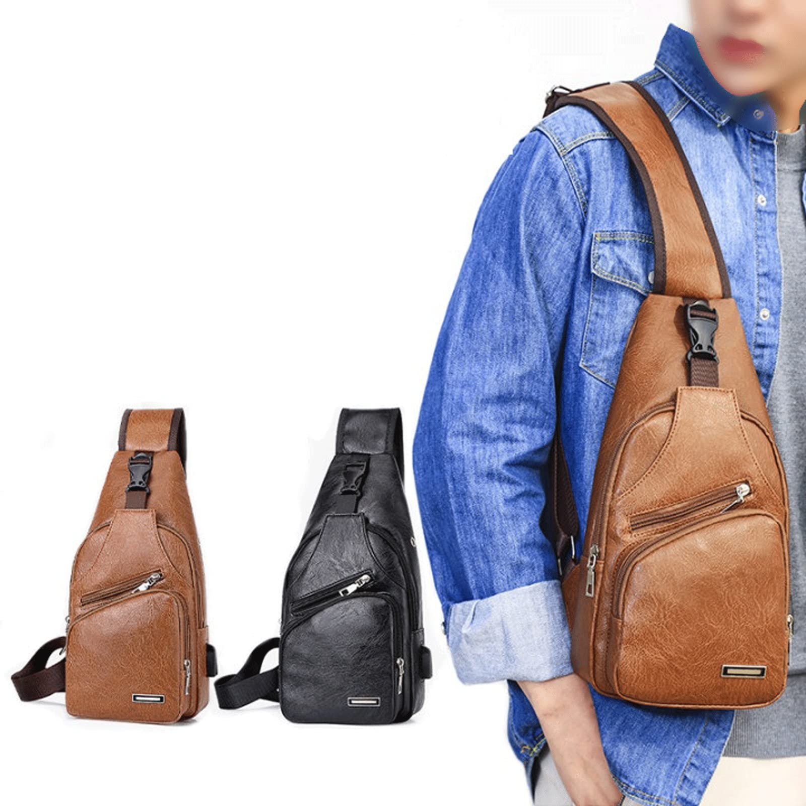 DieffematicDJ Umhängetasche Herren Herren Pu. Leder Umhängetasche Functional Travel Aufbewahrungstasche Herren Sling Taille Tasche Dokument Aufbewahrung Brusttasche (Color : Black)