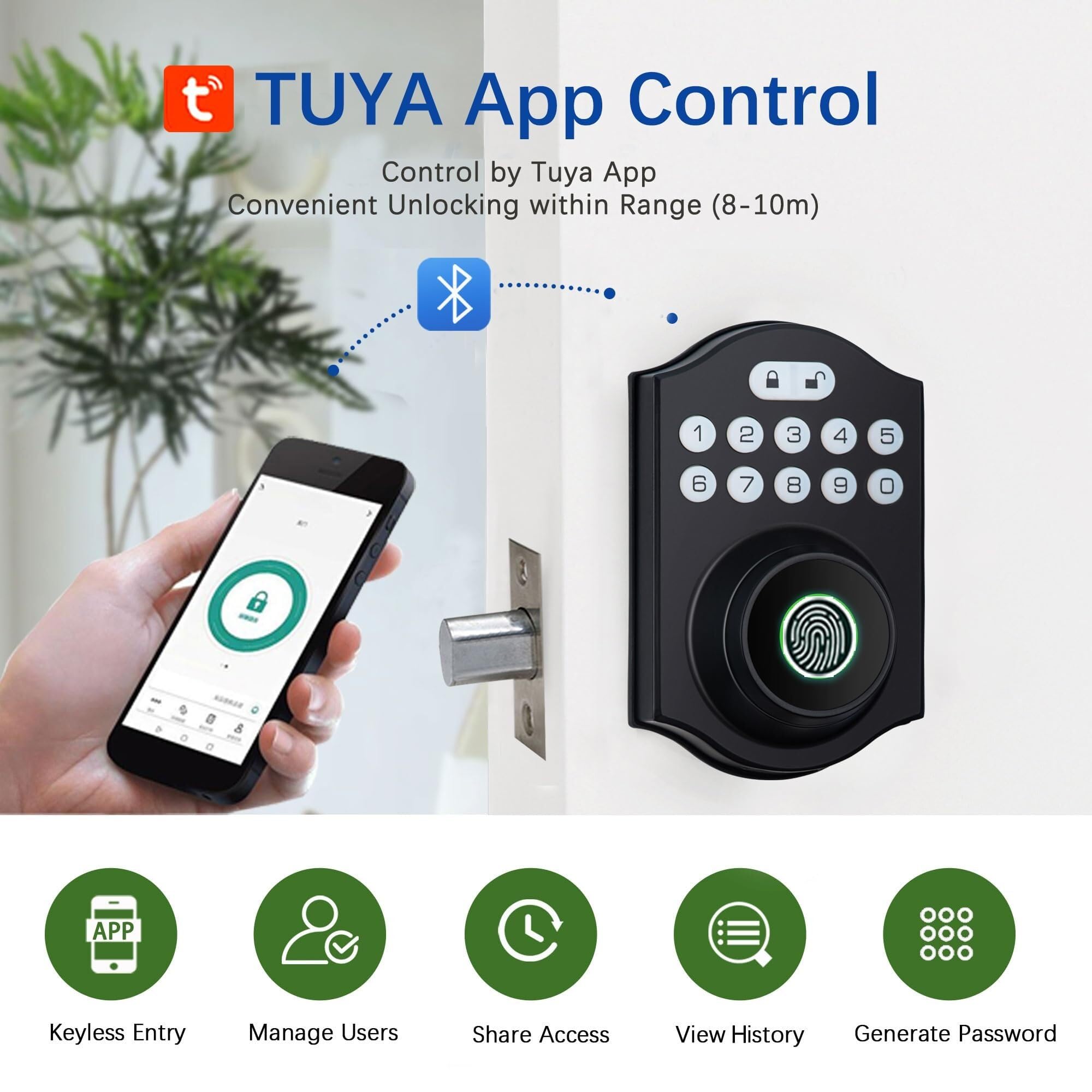 cerradura inteligente Cerradura de puerta inteligente con huella dactilar, cerrojo de entrada sin llave con teclado electrónico, control de aplicación Bluetooth(Noir)