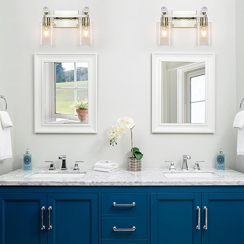 Miniatura 8 de Lámpara de tocador de baño de 2 luces, accesorios de iluminación de baño de níquel cepillado sobre el espejo, accesorios de iluminación de baño