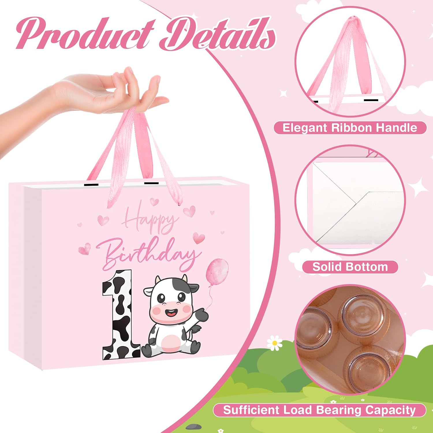 TagreSpike Cow 1st Birthday Gift Bag A Little Cow Gift Bag with Card and Tissue Paper Large Pink First Birthday Wrapping Paper Bag for Girls Newborn Baby Shower First Bday Party Supplies