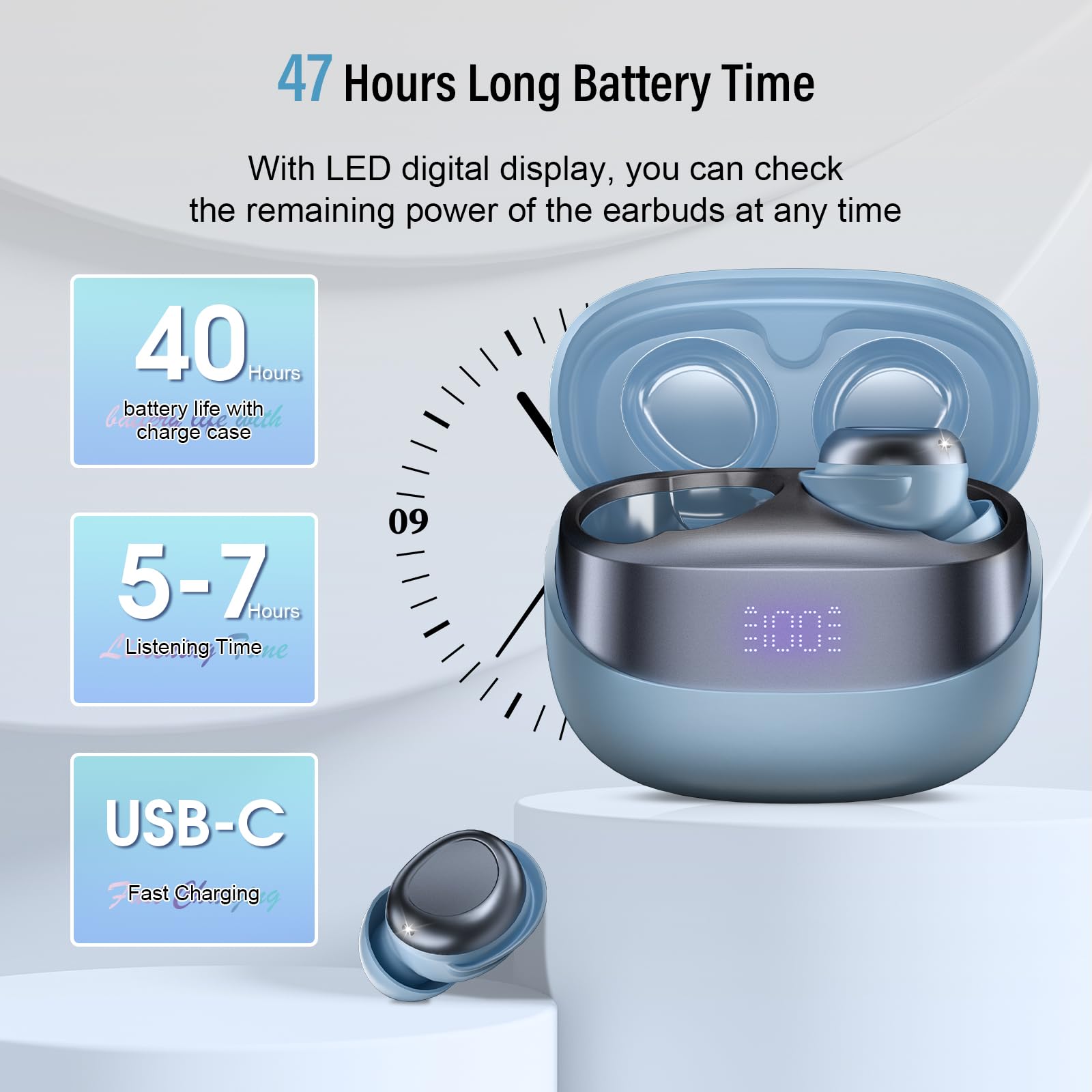 Auriculares para dormir Bluetooth de 5.4 pulgadas, ligeros, diseño pequeño para dormir de lado, tiempo de reproducción de 47 horas con funda de carga, auriculares de llamadas claras, azul
