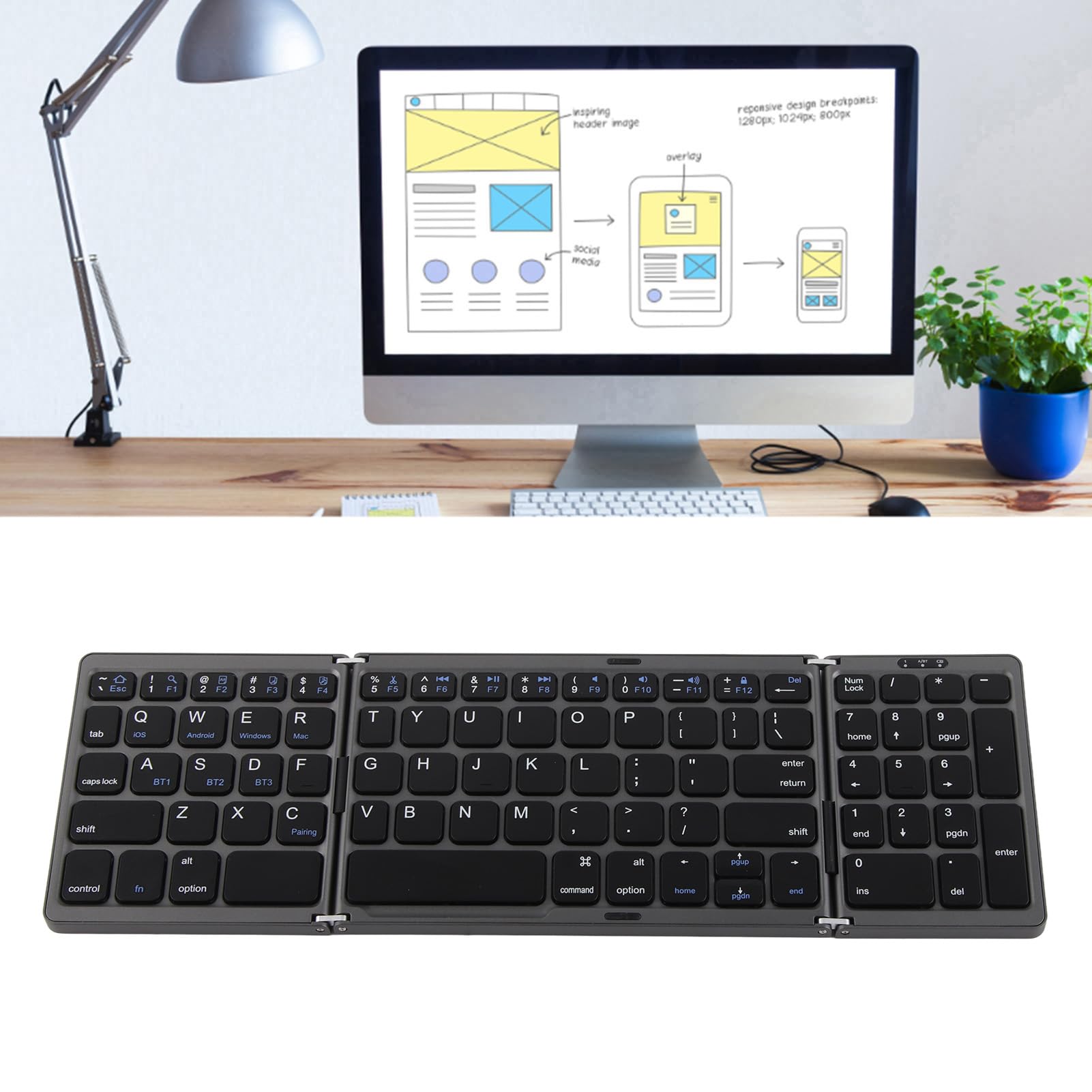 Tastiera Bluetooth Pieghevole, Tastiera Wireless 3 Pieghe Mini Tastiera Pieghevole Portatile, Tastiera Tascabile Ultra Sottile Ricaricabile per OSX per Android per (Grigio scuro)