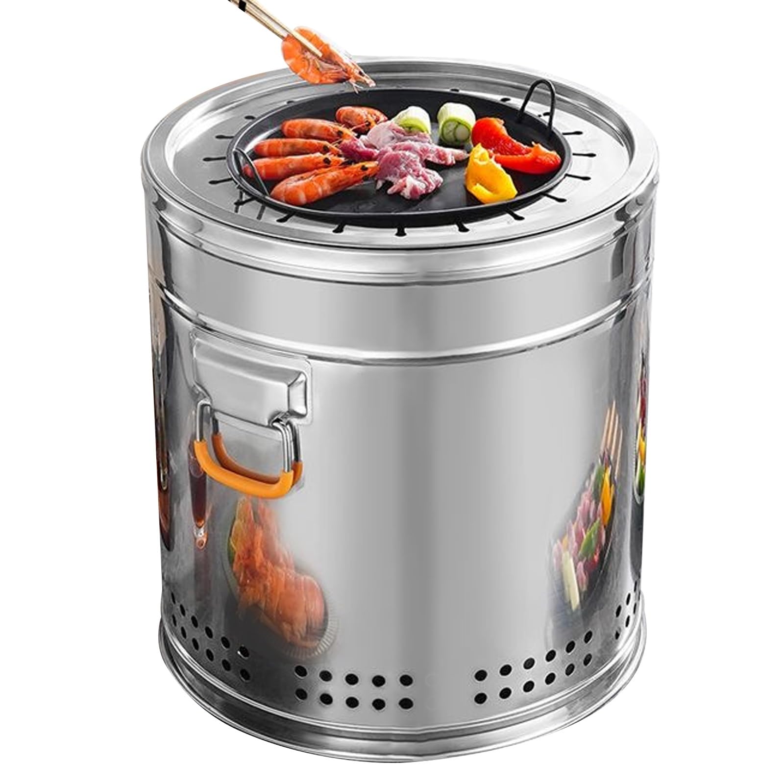 Pionowy piec rożnowy 360° ze stali nierdzewnej wędzarniczy beczka bezdymna z nieprzywierającą płytą do grillowania i siatką do grillowania (32 x 36 cm)