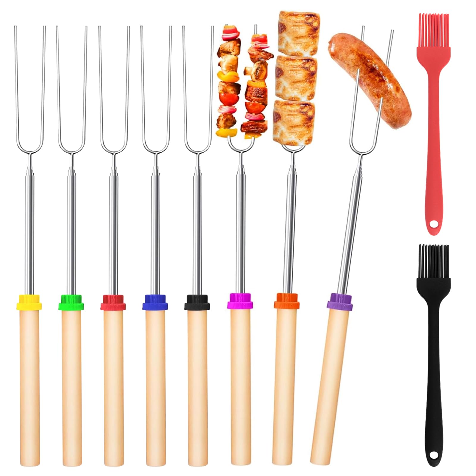 8 Piezas Pinchos Telescópicos para Barbacoa, con 2 Cepillo de Aceite, Varillas de Barbacoa de Malvavisco, Brochetas Extensibles de Acero Inoxidable, Para Hoguera, Barbacoa, Camping, Picnics