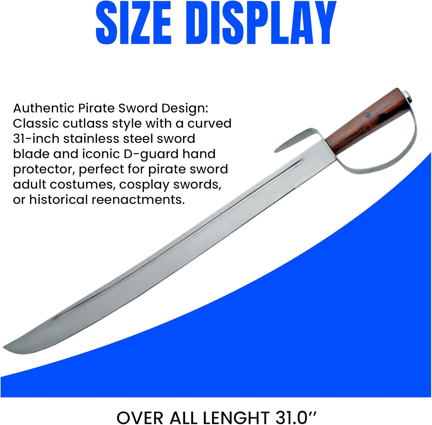 SZCO Supplies 31” Pirate Cutlass Sword with D-Guard –Pirate Saber Sword with Stainless Steel Blade, Full Tang, Wood Handle & Sheath for Cosplay, Collectors, LARP, Reenactments