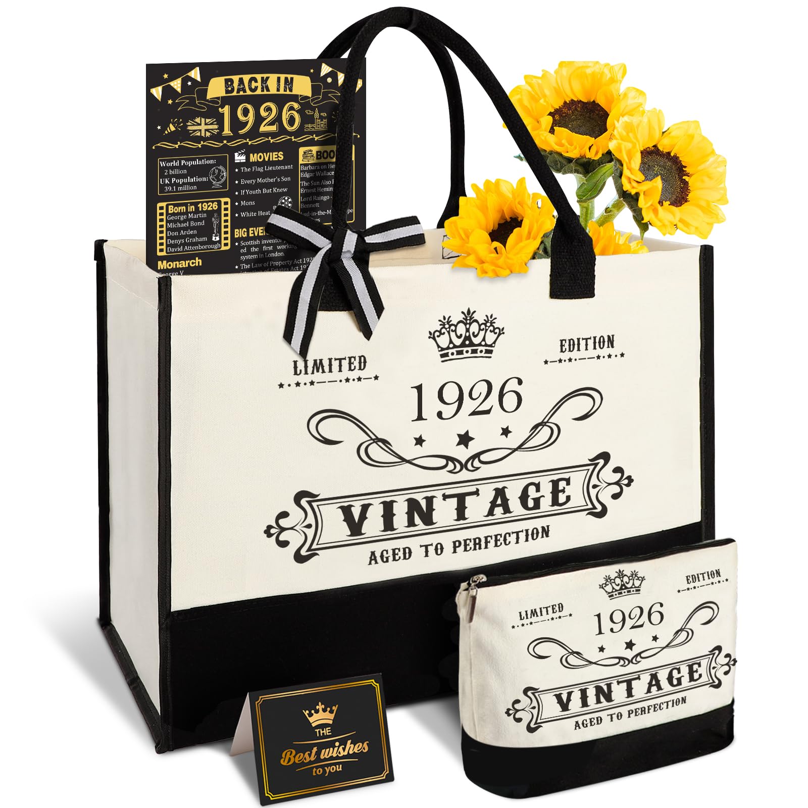 Amosking 100th Birthday Gifts for Women Canvas Tote Bag Travel Gear, Unique 100 Years Old Birthday Gifts for Mum Wife Aunt Friends Her, Vintage 1926 Handbag & Cosmetic Bag & Back in 1926 Poster
