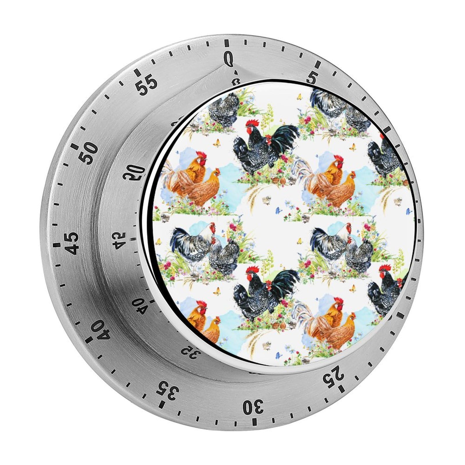 Rooster Chicken Watercolor Flowers Circular Rotating Timer, Suitable for Kitchen and Bedroom