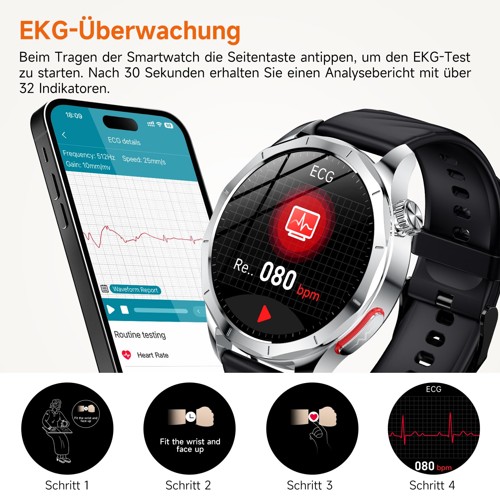 2026 Neu Smartwatch Herren mit EKG/HRV/BMI/Harnsäure, 1,43" AMOLED Gesundheitsuhr mit 24H Blutdruck Herzfrequenz SpO2 Körpertemperatur Schlafmonitor SOS-Notruf Fitnessuhr Android/iOS