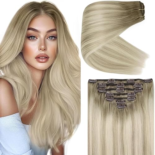 Ve Sunny Clip in Hair Extensions Ombre Real Hair Extensions Clip in Human Hair Balyage Platinum Blonde Remy Human Hair Short Sun Hair 12 Inch 5pcs 85g