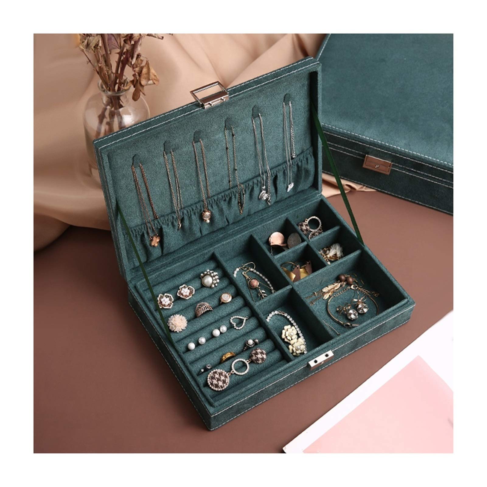 HDBCYUAZ Vintage Green Flannel Jewelry Box, Multi-function Earrings, Necklaces, Storage, Large Capacity, Gift for Women, Girls(Single layer)