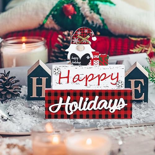 Miniatura 8 de MEETYAMOR Decoración navideña, bloque de madera de gnomo de 3 capas de tamaño grande con letrero de feliz día festivo, decoración de mesa de