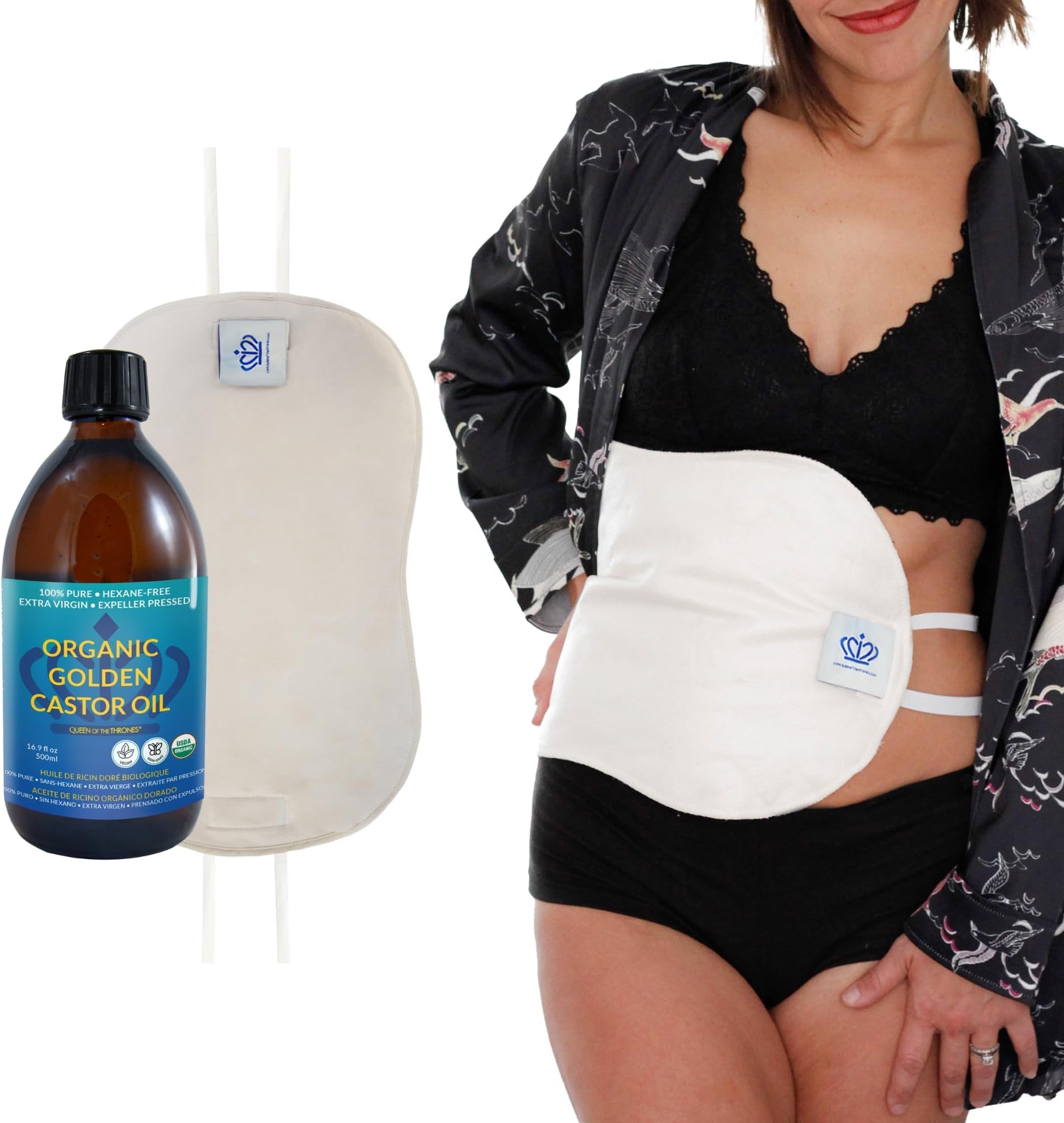 QUEEN OF THE THRONES Castor Oil Pack for Liver Kit - Heatless, Less-Mess, Reusable - Organic Cotton Flannel, Comfort Fit, Soft Straps & Naturopathic Doctor Designed (16.9 oz Castor Oil Included)