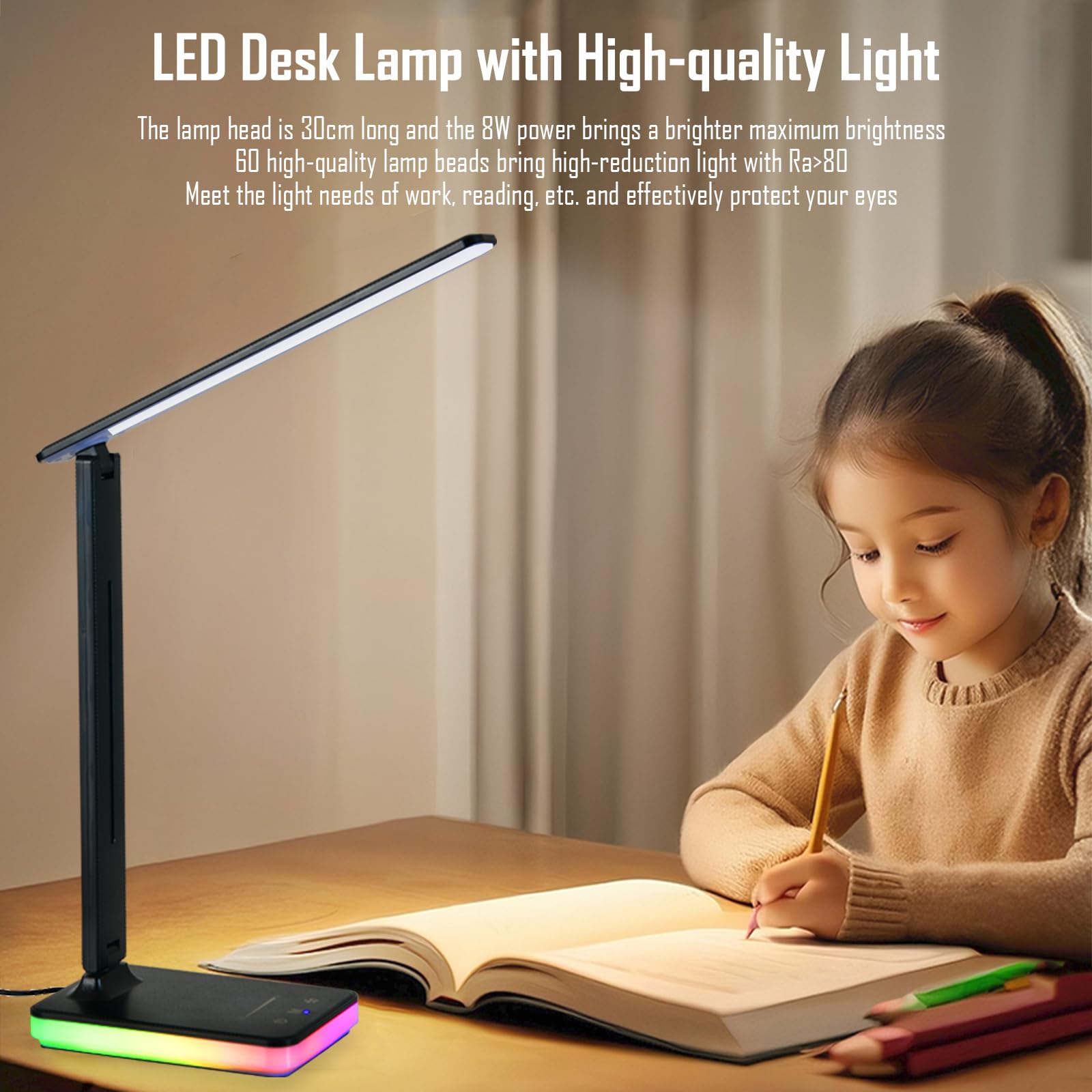 LED-Schreibtischlampe mit RGB-Atmosphärenlicht, 5 W USB-Ausgang, 5 Farbtemperatur, stufenlose Anpassung der Helligkeit, Touch-Steuerung, faltbare Tischleuchte mit Adapter (schwarz)
