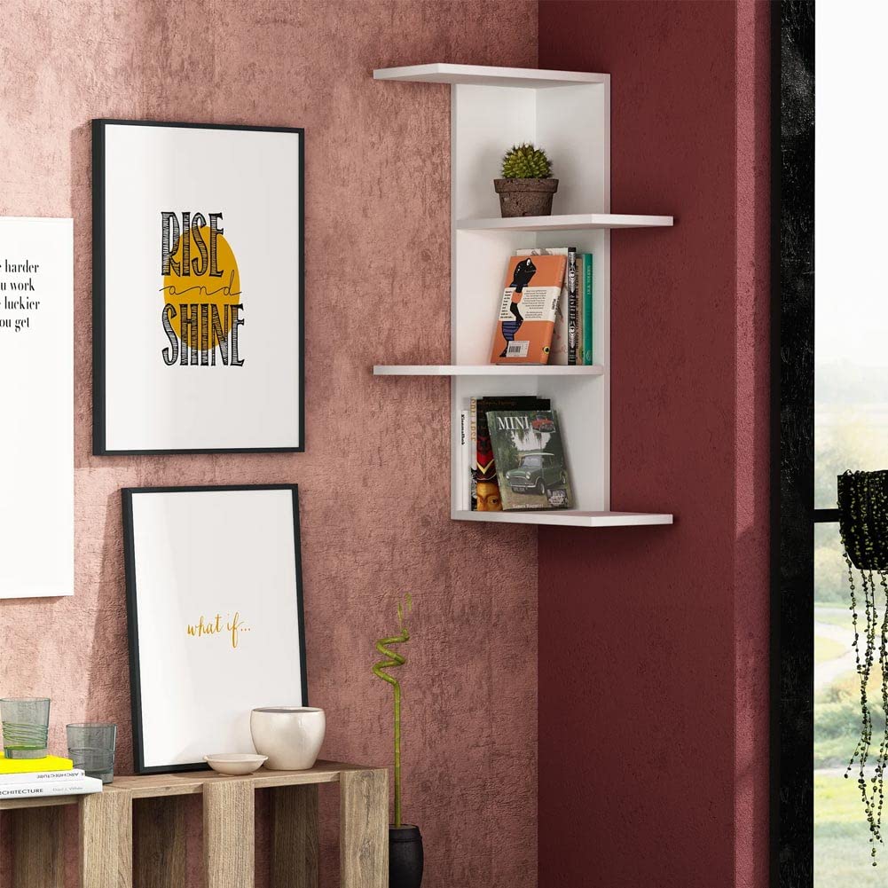 BAKAJI Mensola Scaffale Libreria da Parete Angolare Design Moderno con 4 Mensole Ripiani Angolo Scaffalatura Struttura in Legno MDF Decorazione Muro Arredamento Casa Ufficio 85 x 42 x 42 cm Bianco