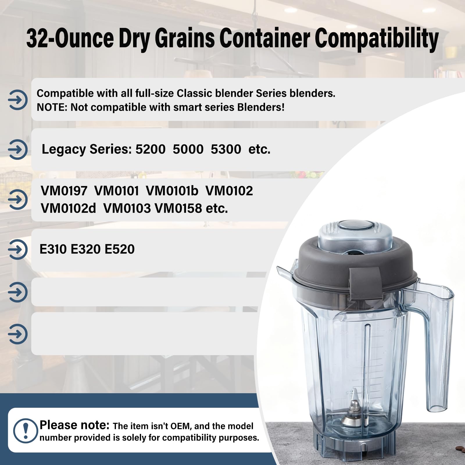 Contenedor de granos secos de 32 onzas con hoja seca compatible con 5200 5000 E310 VM0197 VM0102 VM0103 licuadoras profesionales, molinillo de grano seco, recipiente de molino de grano seco, jarra de