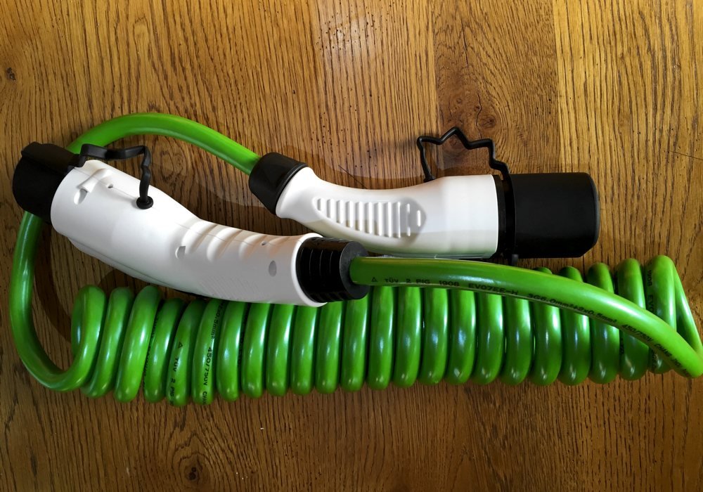 EV Charging Cable. Type 1 to Type 2. 32 Amp Coiled Green.