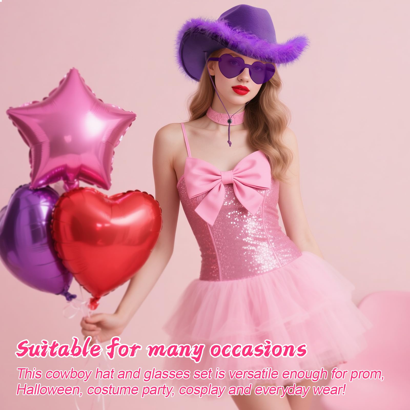 DRESHOW Sombrero de Vaquero Mujer con ala de Plumas Sombrero de Vaquera con Gafas de Sol en Forma de Corazón Western Sombreros de Vaquero de Fieltro para Vaquera Vestir Disfraz de Halloween