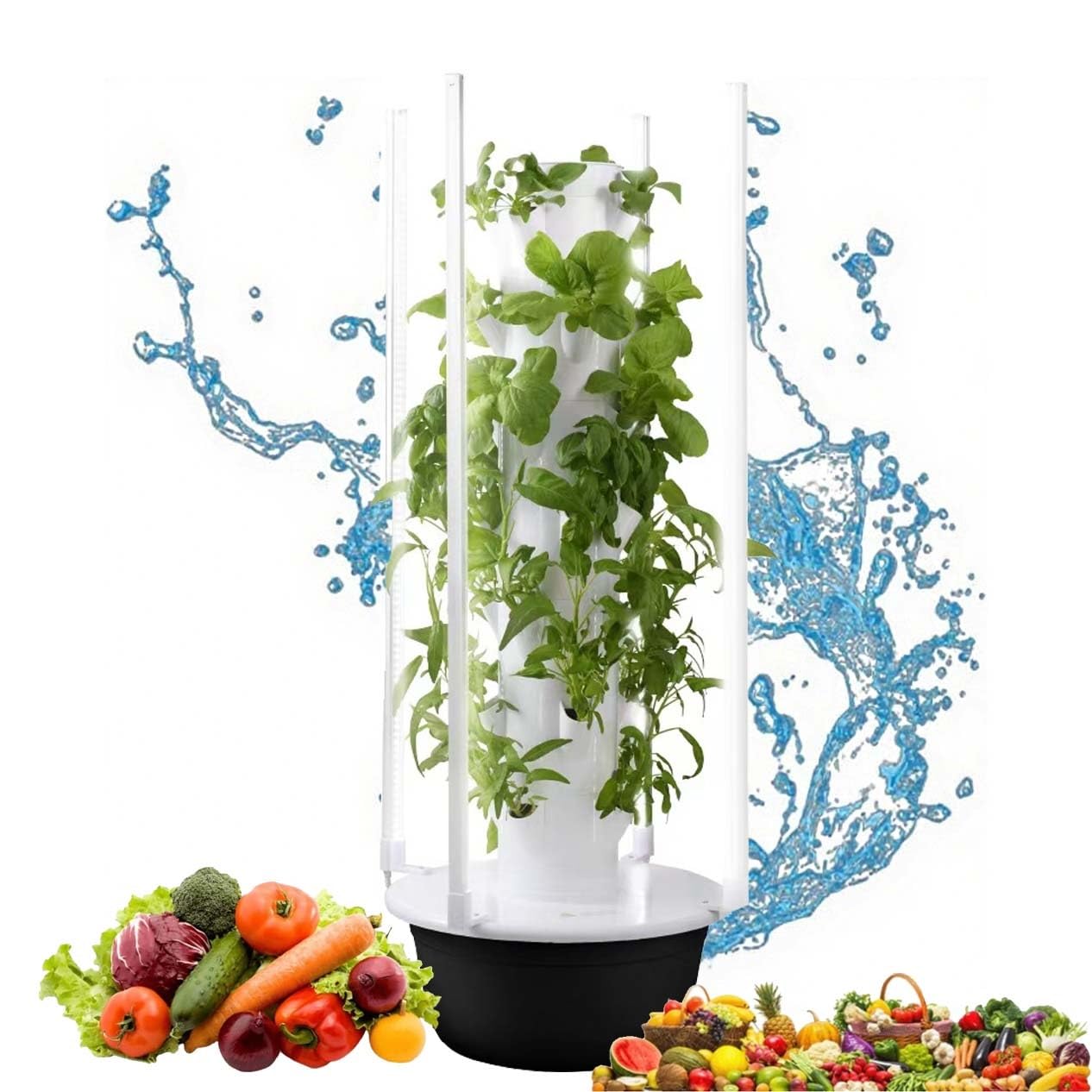 Kit de jardinería hidropónica inteligente 9 niveles con LED y bomba de agua, torre de cultivo vertical autoriego ABS libre de BPA para hierbas, fresas y vegetales en interiores(28Holes+LED)