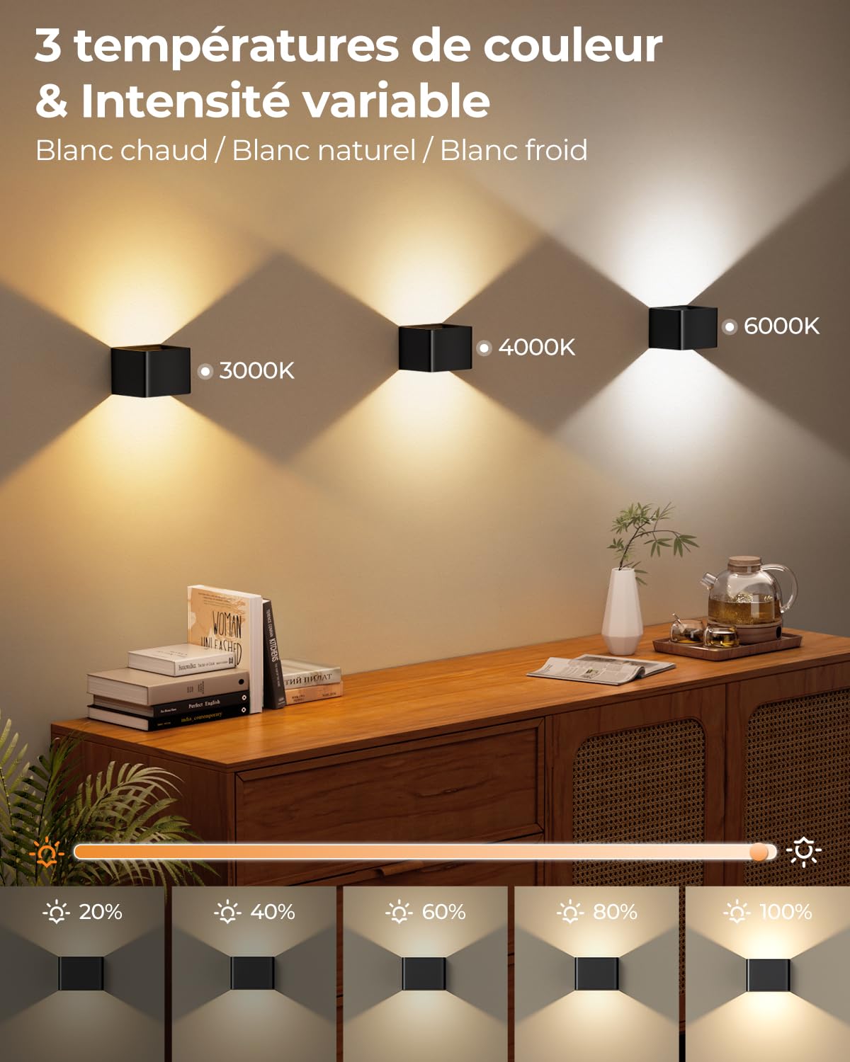 VIWAVE Applique Murale Intérieure sans fil à Détecteur de Mouvement avec Télécommande,LED Applique Murale Rechargeable avec Trois Températures de Couleur & Luminosité Réglable,Lot de 2 Noire Appliques