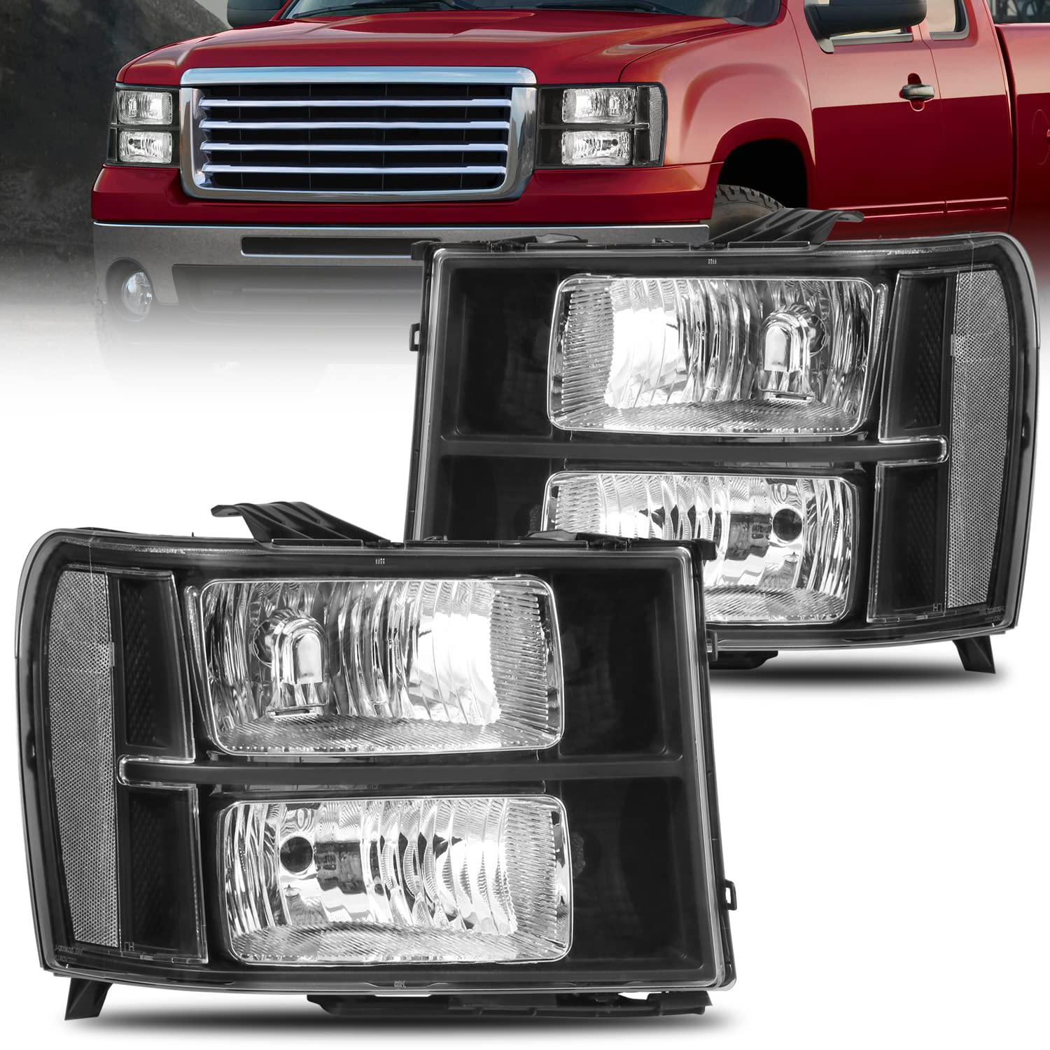 Photo 1 of MOSTPLUS Headlight Assembly Compatible with 2007-2013 GMC Sierra 1500 2500HD 3500HD Front Lamp with Black Housing/Clear Lens/Clear Reflector OE Style Black/Clear/Clear