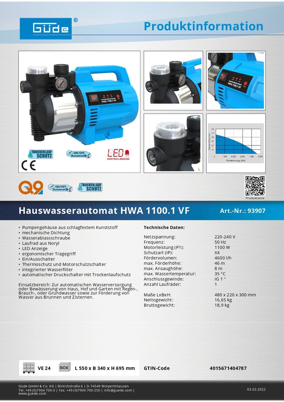 Güde HWA 1100.1 VF Hauswasserpumpe Gartenpumpe
