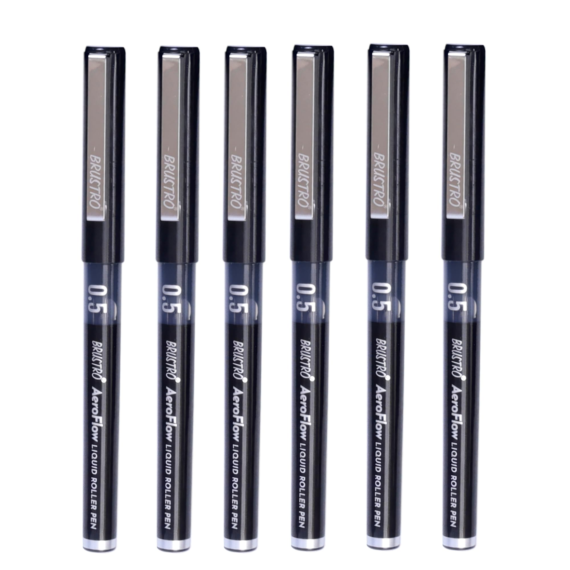 BRUSTRO AeroFlow Liquid Ink Rollerball Pens | Black | 0.5mm, Micro Tip | Pack of 6 | Ideal for Students, Professionals, Office, Exam use, Accurate Smooth Writing, Waterproof, Fade Resistant