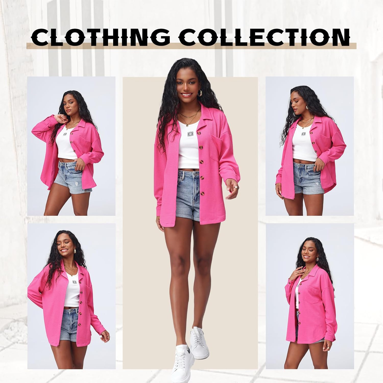 Womens Waffle Knit Shacket Jacket Oversized Casual Long Sleeve Button Down Shirts Dressy Blouses Tops with Pocket - Image 5