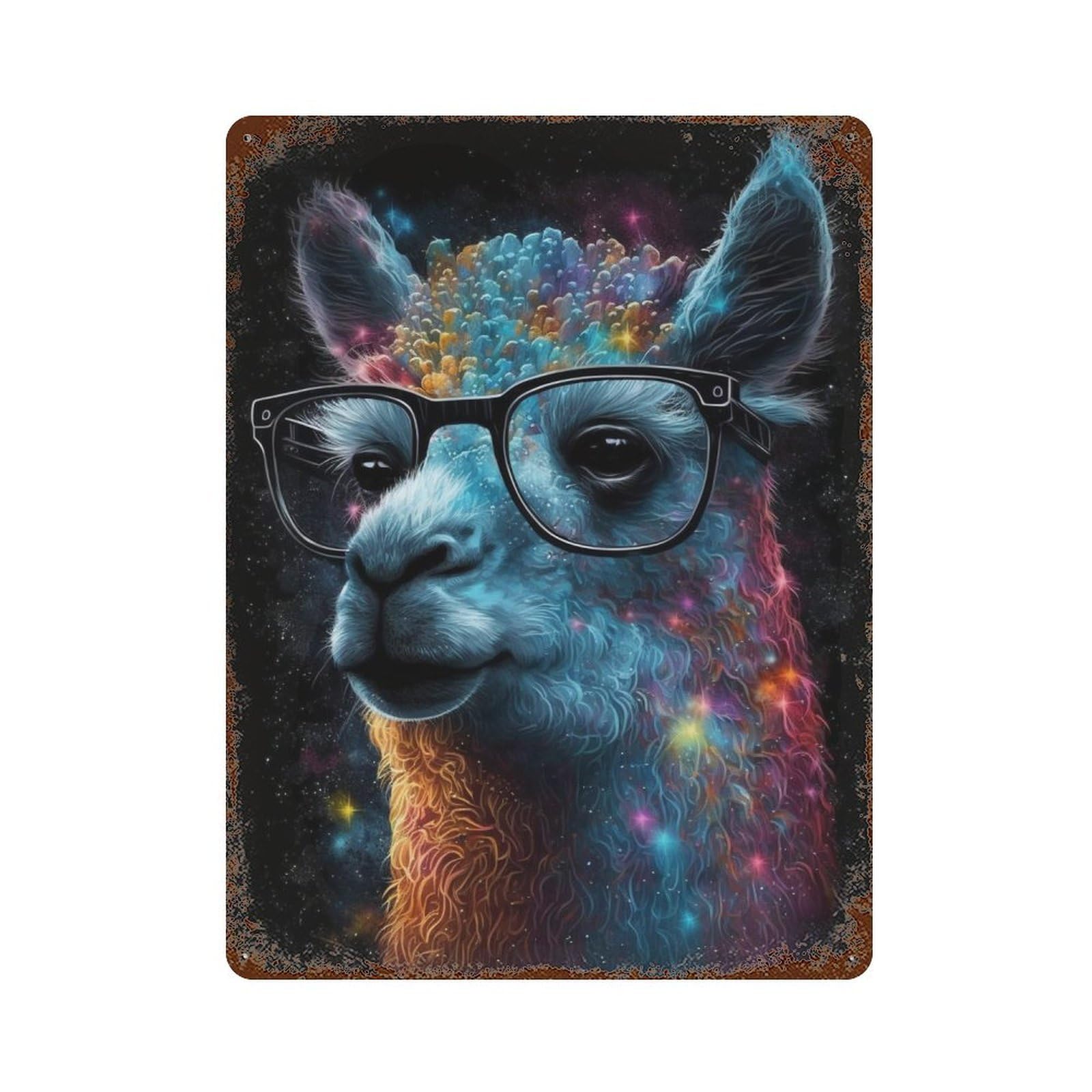 Garage Style Cosmic Llama Glasses Art Distressed Metal Wall Sign 15.7"x11.8", Farmhouse Wall Decor for Bar And Workshop