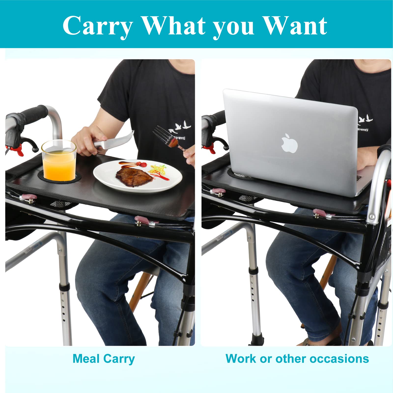 Dotday Bandeja para andador con bolsillos de malla, mesa universal con portavasos para andador plegable estándar, accesorios para andador de movilidad, bandeja para andador, equipo médico para