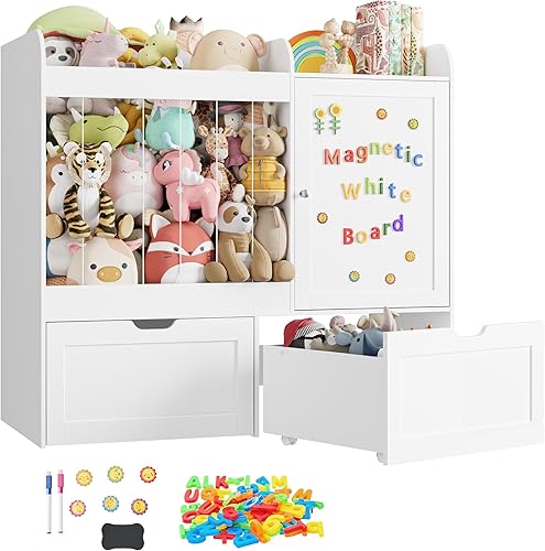 Organizador de almacenamiento de juguetes de 37.4 pulgadas de alto con almacenamiento de animales de peluche, organizador de juguetes con pizarra