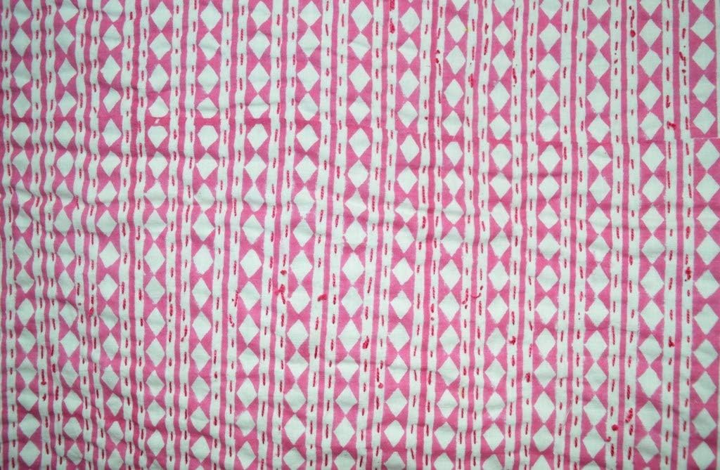 YUVANCRAFTS Indian Handmade Cotton Kantha Quilt Traditional Polka Dot Print Twin Quilt Blanket Bedspreads Throw (Pink)