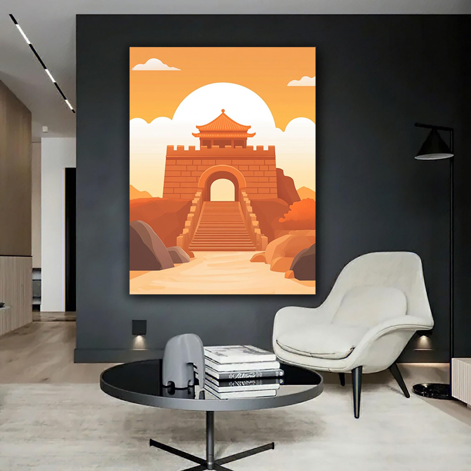 WUFIEA Azjatycka sztuka ścienna tradycyjny chiński obraz pomarańczowy przełęcz zmierzch do dekoracji domu salonu sypialni (colore arancione)-70 x 100 cm oprawiony