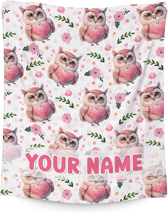 Custom Owl Throw Blanket, Cozy Flannel Throw Blankets for Couch Office, Cute Soft Throw Gifts for Women, Pink 60"x80"