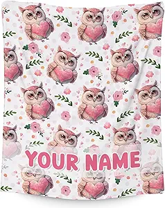 Custom Owl Throw Blanket, Cozy Flannel Throw Blankets for Couch Office, Cute Soft Throw Gifts for Women, Pink 60"x80"