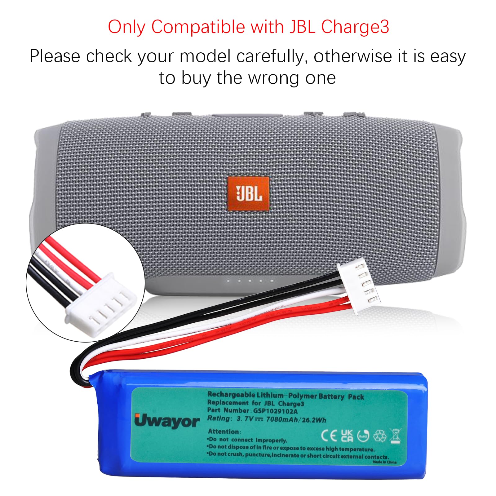 JBL Charge3 Batteria 7080mAh Batteria di ricambio per altoparlante Bluetooth JBL Charge3, GSP1029102A, Batteria JBL Charge3 da 3,7 V 26,2 Wh con strumento di installazione