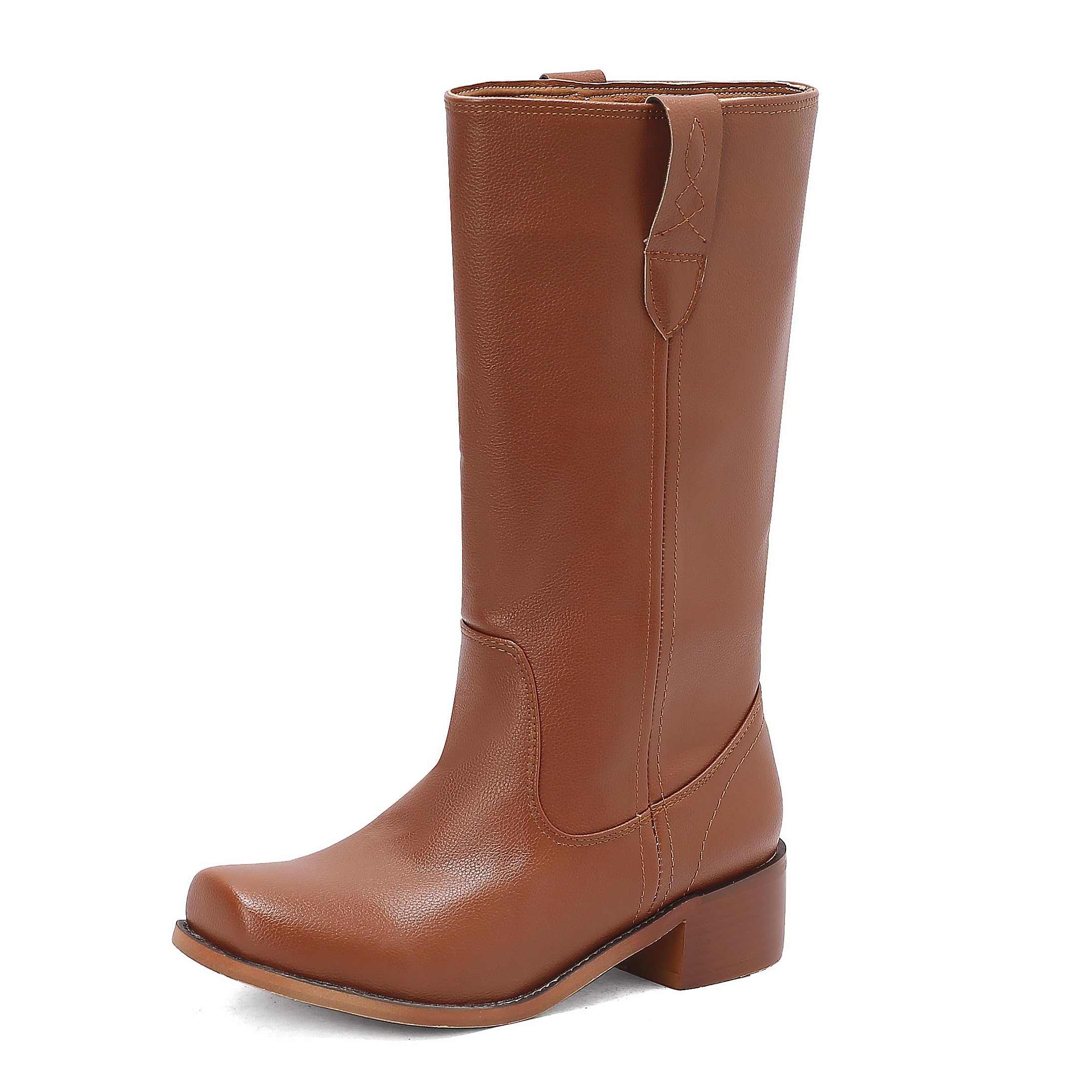 BEAUPAS Womens Motorcycle Riding Boots Mid-Calf Western Boots Chunky Block Heel
