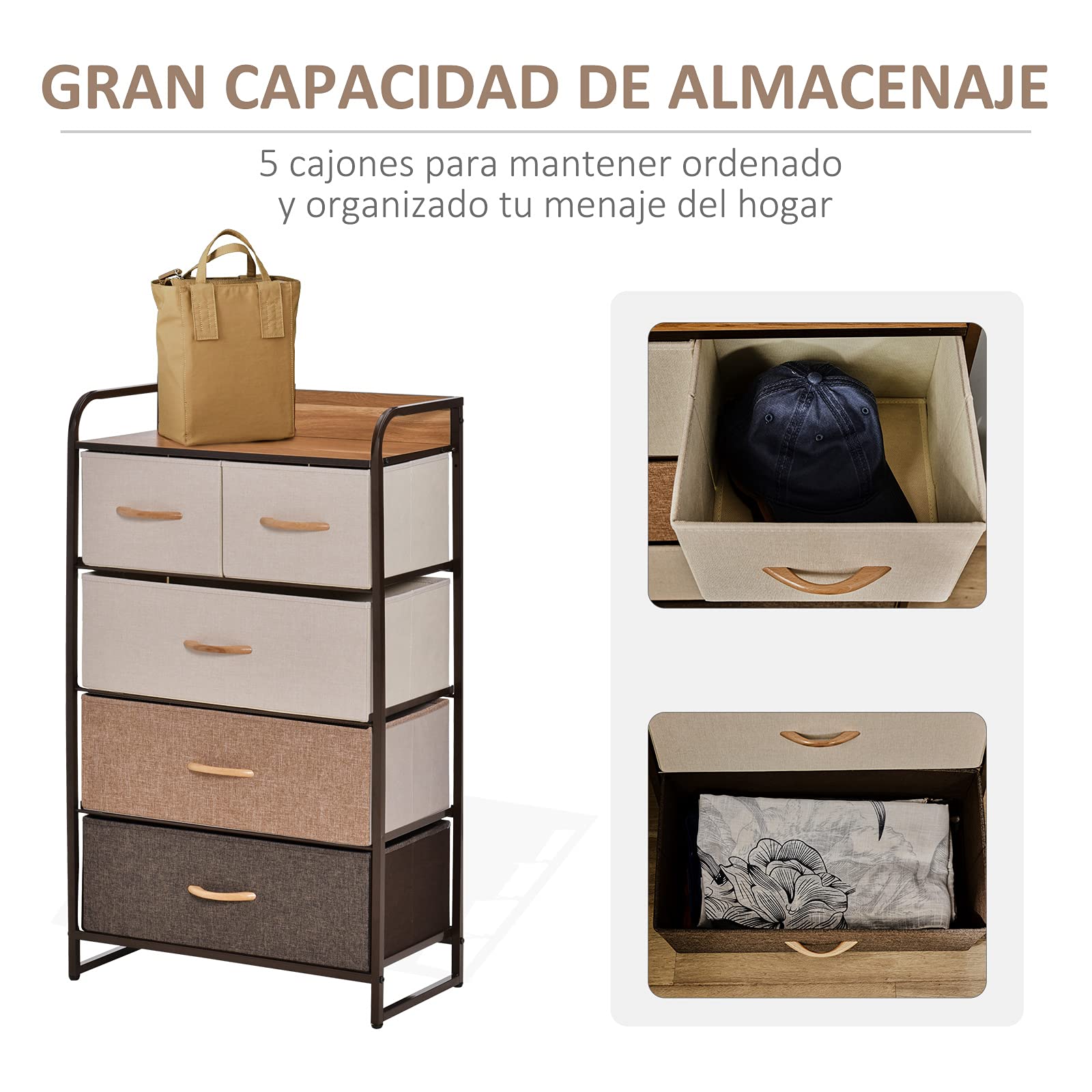 HOMCOM Cómoda con 5 Cajones de Tela Plegables, Cómoda para Dormitorio Estrecha con Marco Metálico, Cajonera para Espacios Pequeños, Sala de Estar, Vestidor, Baño, Multicolor