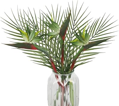 7PCS Artificial Bird of Paradise Plant Combo Faux Palm Leaves Realistic Fake Tropical Flower Stems for Hawaiian Party Wedding Garden Indoor and Outdoor Home Decor Green