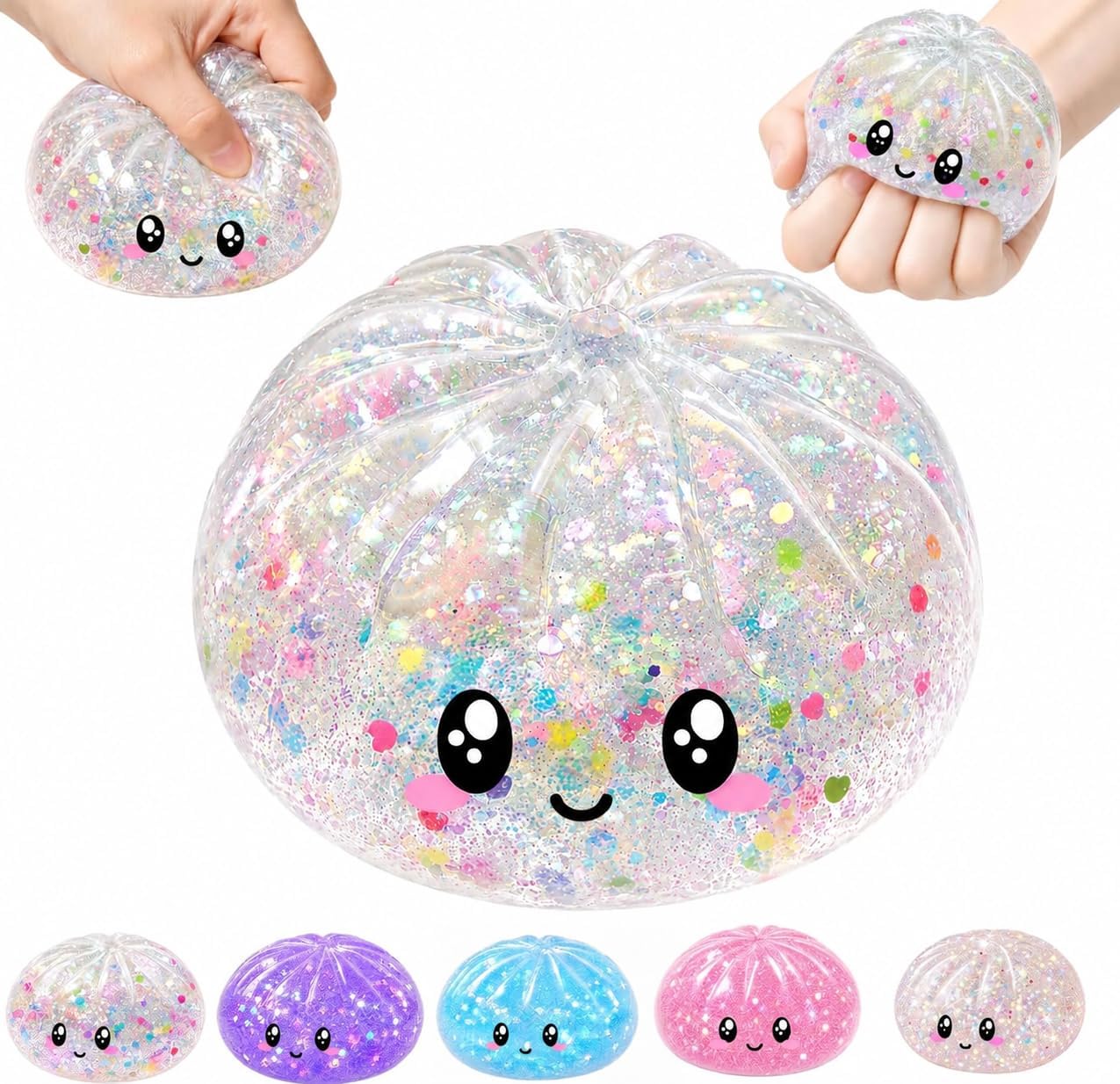 Dumpling Squishy Mystery Glitter Squishy Dumpling Toy Bao Bun Stress Ball Soft Sensory Fidget Squeeze Toy Desk Gift for Kids Adults, Glitter White(2026 Upgrade)
