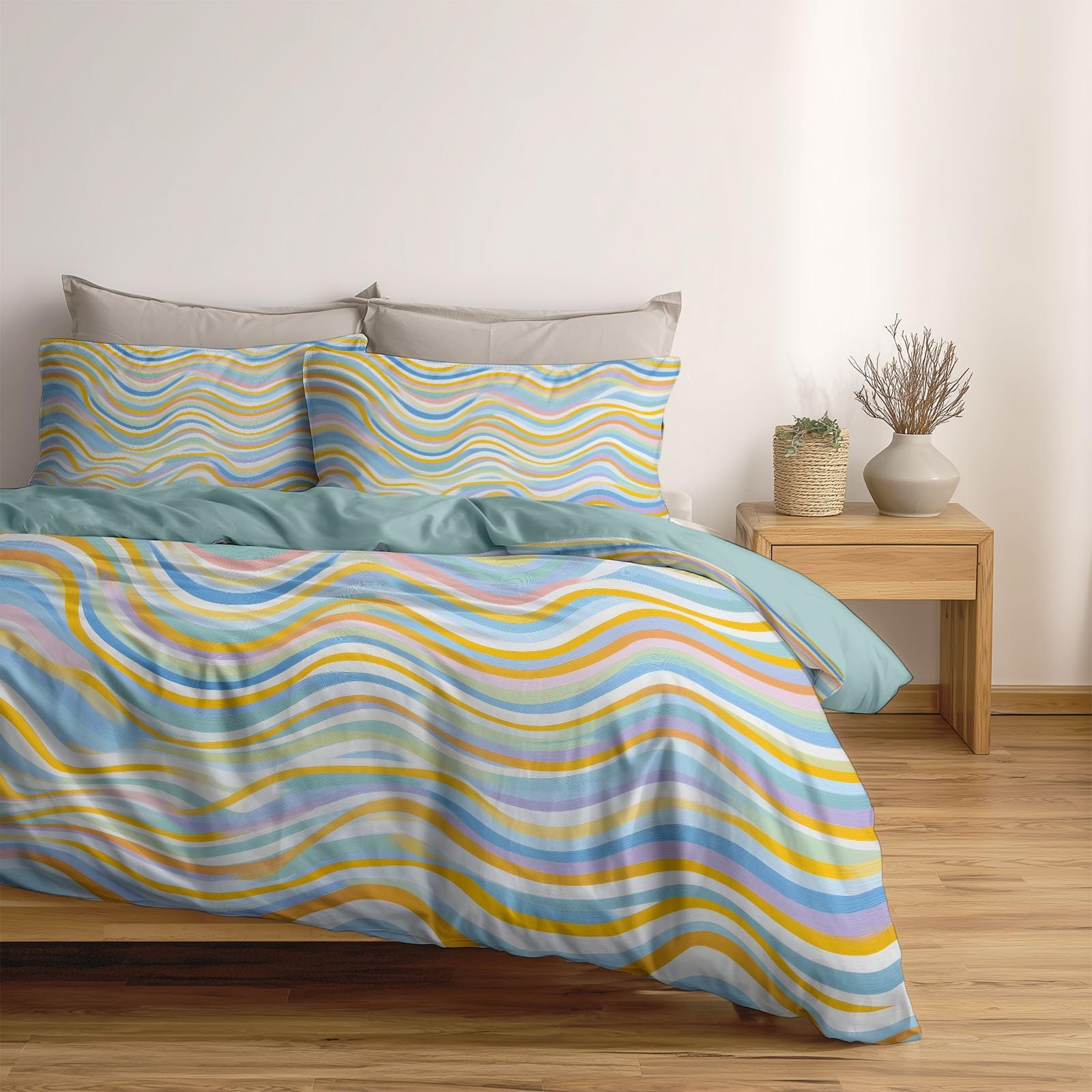 Pop Art Stil 3-teiliges Bettwäsche-Set, Minze 1 Bettbezug 200 x 200 cm und 2 Kissenbezüge 80 x 80 cm, Bunte WellenlinienWeiche Mikrofaser, Reißverschluss, Ganzjahres