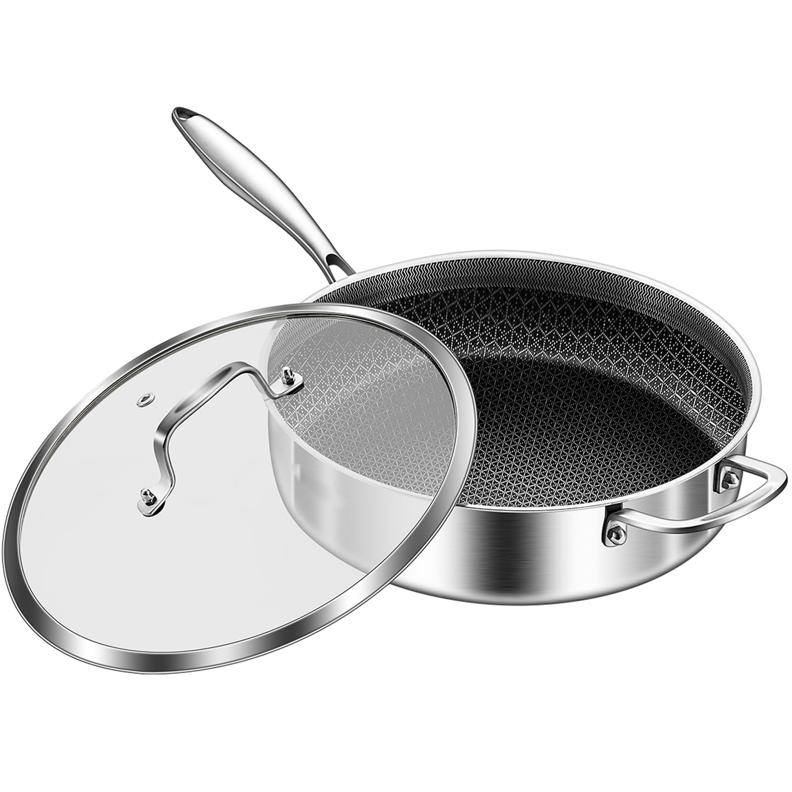 DELARLO Tri-Ply Stainless Steel 12 Inch Deep Frying Pan with lid,7QT Saute Pan Nonstick,Compatible with All Cooktops,Oven Up to 660℉,Chicken Fryer,Dishwasher-Friendly