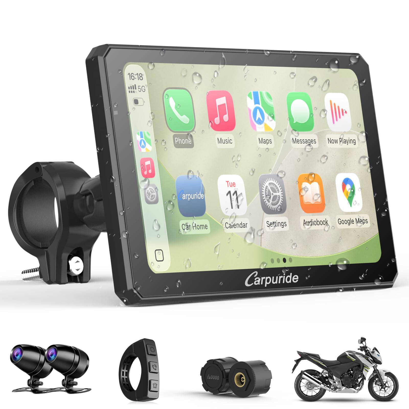Photo 1 of Carpuride W712DT for Motorcycle CarPlay & Android Auto & TPMS - HD1080p Dash Cam, 7-inch Waterproof Rotatable Touchscreen for Navigation, Bluetooth, Loop Recording, Wired Controller