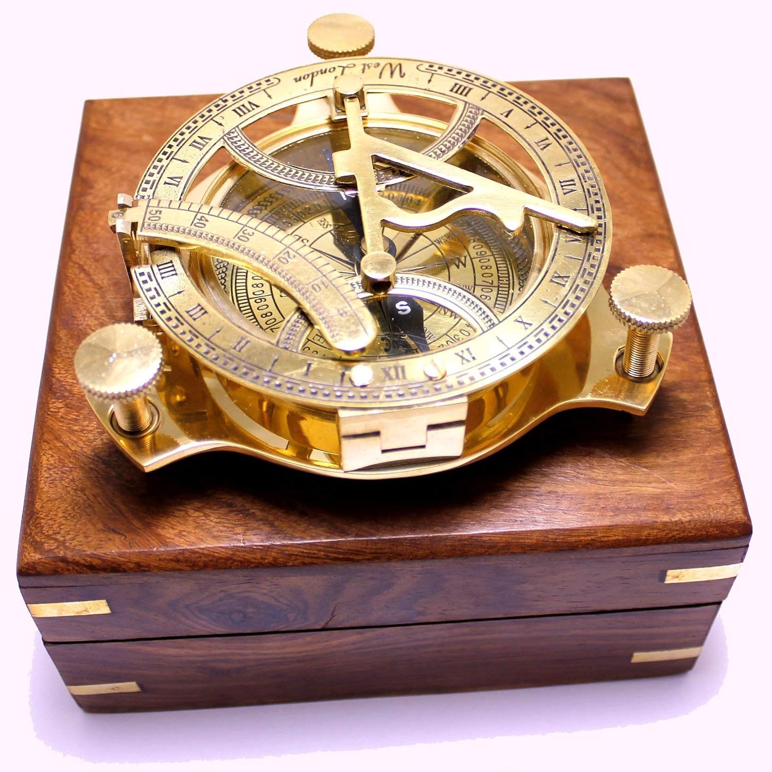 Cadran Solaire Avec Boussole En Laiton 3 Pouces - Boîte Bois - Reproduction Vintage Marine
