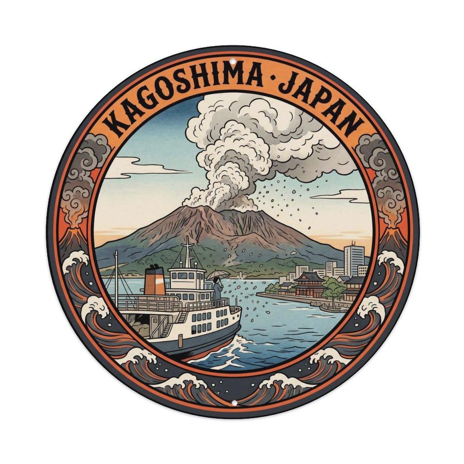Sakurajima Volcano Ferry Boat Travel Island Harbor Metal Tin Sign