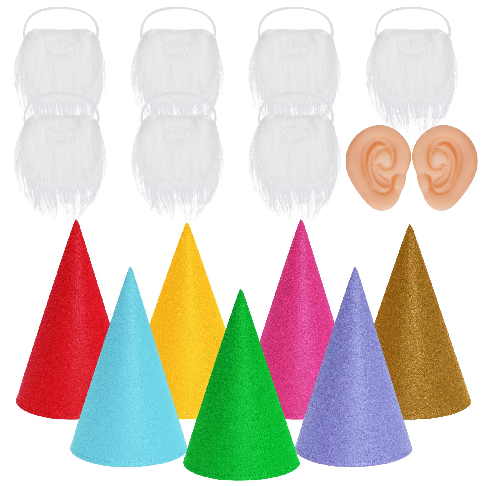 16 Packs Gnome Costume Sets, 7 Pcs Felt Cone Dwarf Hats, 7 Pcs White Fake Beard and 2 Pcs Fake Ears for Halloween Christmas Party Cosplay, Style 4