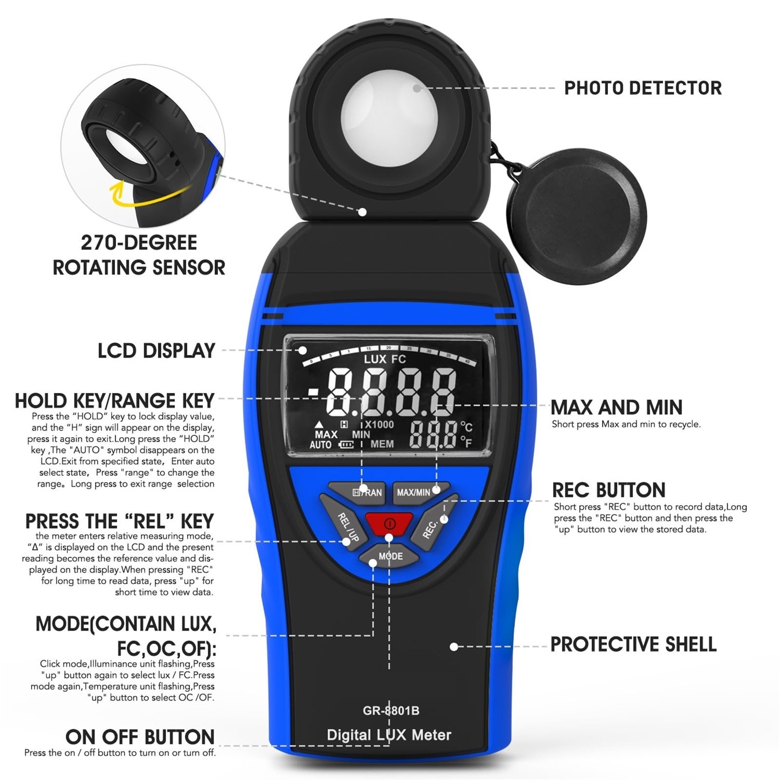 Misuratore di luce, Misuratore di intensità luminosa portatile 8801B: tester con range automatico e display della temperatura retroilluminato for fotografi ed elettricisti
